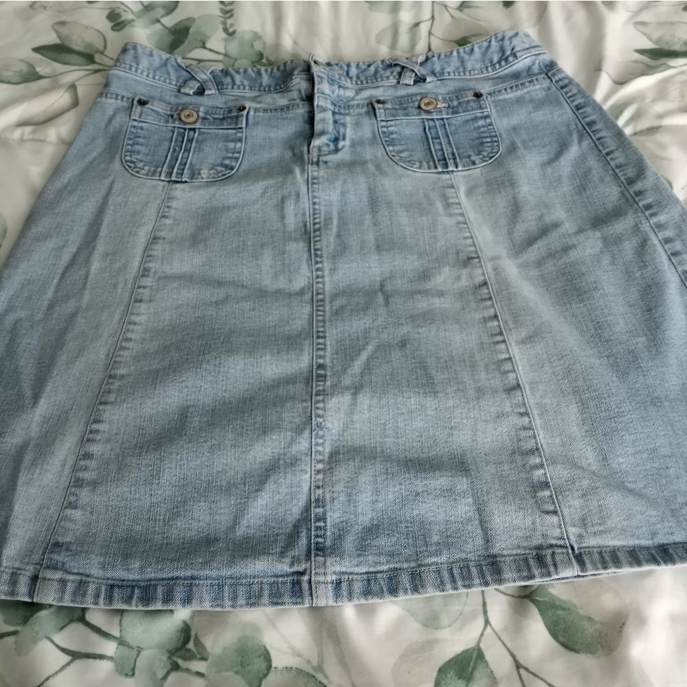 Style & Co Jeans Skirt Womens 14P Blue StraightDenim Flat FrontCotton Pockets.C